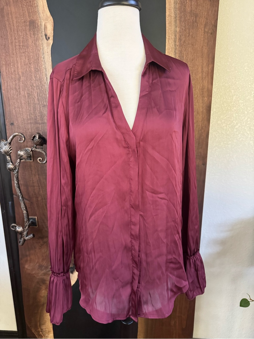 Paige Abriana Satin Wine Button Down Flare Sleeve Cuffs - Medium